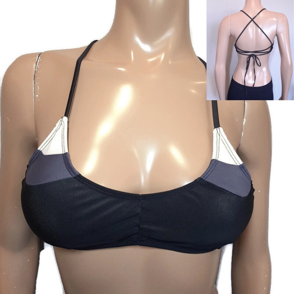 Strappy Halter Bikini Top Black Grey Padded Womens Size Small Colour Block